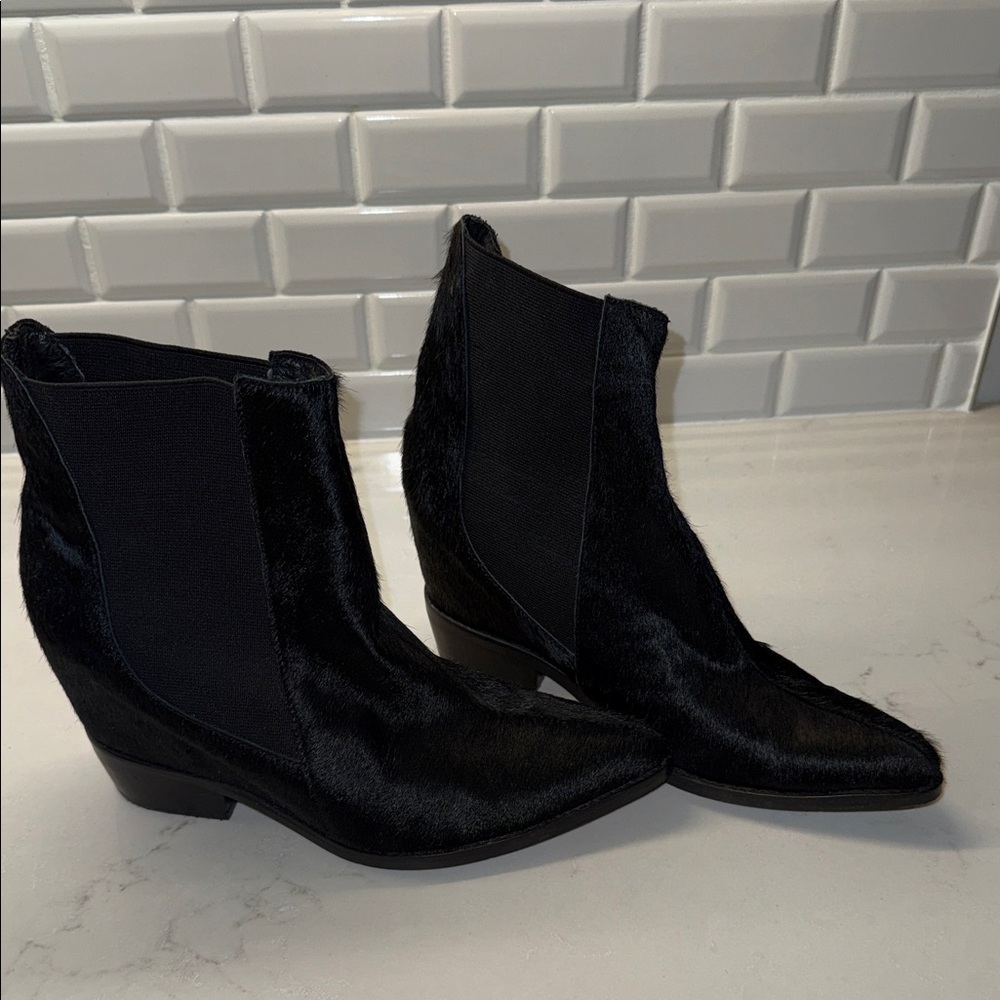 Elegant Black Faux Cowskin Ankle Booties with an inch lift inside